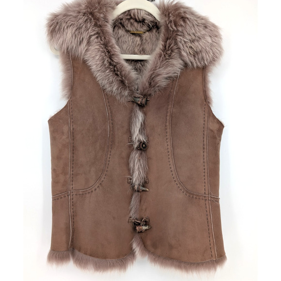 VTG Elie Tahari Shearling Suede Fur Trim Vest Toggle Closure Tan Boho Western MD - Picture 3 of 12